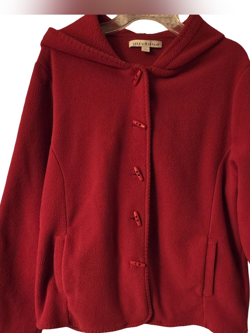 Debbie Morgan Red Hooded Fleece Jacket – Soft Cozy Button-Up Coat, XL